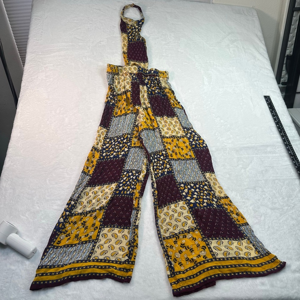 Earthbound Trading Co Jumpsuit Women Size M Multicolor Patchwork Halter Wide Leg - Picture 4 of 12